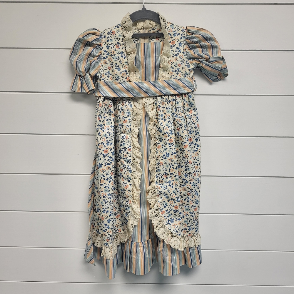 Vintage Cottagecore Floral & Striped Lace-Trim Dress Sz.2T - Blue/Cream